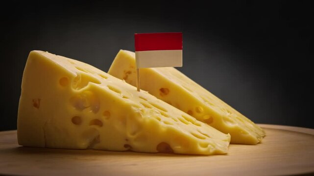 Fresh cheese sliced with holes from farms and Indonesia flag.