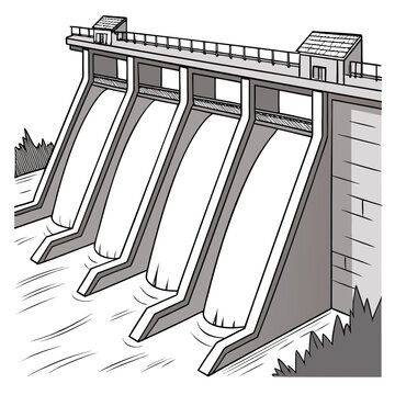 A detailed black and white illustration showcases a concrete gravity dam with multiple spillways controlling water flow and small structures atop