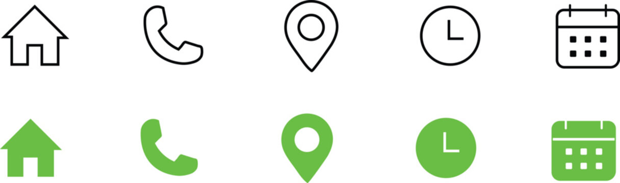Set of green and black line icons for home phone location clock and calendar on white background