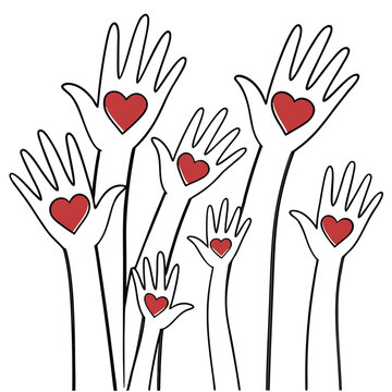 A collection of outstretched hands each with a red heart centered in the palm symbolizing love connection and giving high quality professional