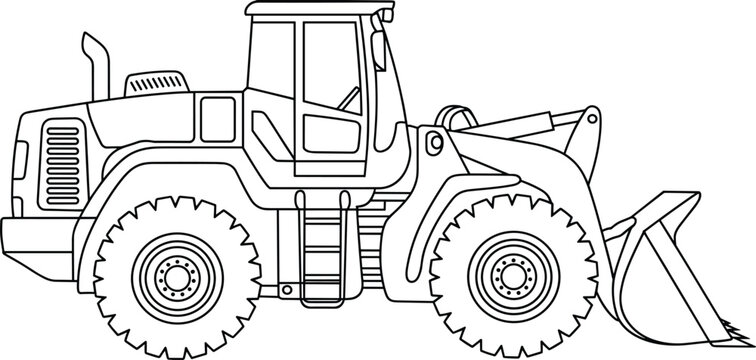 Black and white line art vector illustration of a heavy wheel loader construction vehicle, perfect for coloring book pages, technical diagrams, or industrial icons.