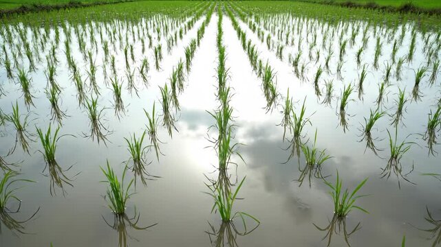 Young green rice paddy field with sky reflection. Organic agriculture and farming landscape. Perfect for concepts of food production, growth, and environmental harmony