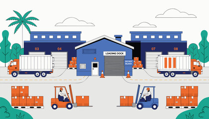 Obraz premium Warehouse logistics center vector illustration with trucks forklifts and cargo boxes