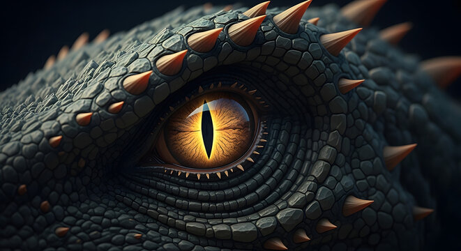 Intense close-up of a mythical dragon's eye, showcasing intricate reptilian scales and a piercing, glowing yellow pupil, evoking a sense of ancient power and fantasy
