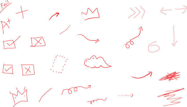 Set of hand drawn arrows and symbols with decorative icons for holiday and love themed design illustration.