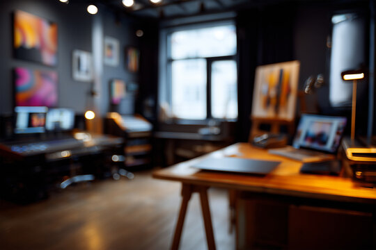 Photo studio blurred background with professional lighting equipment, creative art and photography concept, empty workspace with bokeh effect and soft light