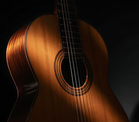Obraz premium A close up view of a classical acoustic guitar made of wood with intricate decorative rosette