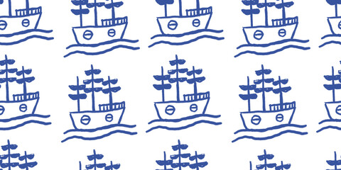 Hand drawn minimal nautical seamless pattern with simple blue sailing ships and ocean waves on a white background © Aliaksandra