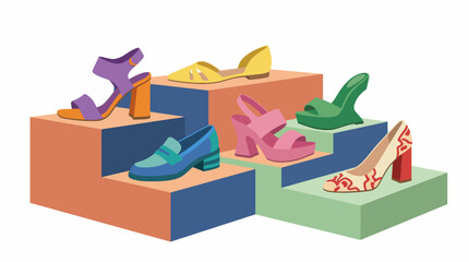 This artistic image presents an array of colorful women’s shoes displayed on steps, showcasing diverse styles that cater to various fashion interests and personal expression. © Suling