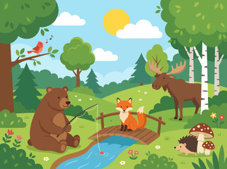 Naklejka premium A friendly bear is fishing near a stream while a fox watches from a wooden bridge. Nearby, a moose grazes, adding to the serene atmosphere of this woodland scene.