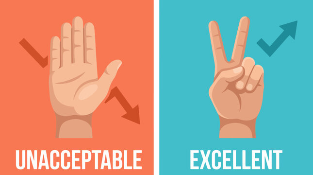 A graphic comparing two hand symbols: one represents unacceptable feedback, while the other conveys an excellent response. A visual guide to effective communication in everyday life.