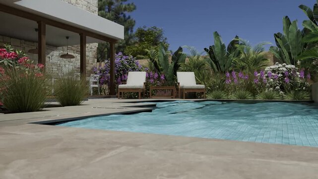 Luxury swimming pool design and garden landscaping. Modern beach house architecture with tropical palms and trendy aesthetic materials. Private hotel villa resort rental concept. 3d render animation