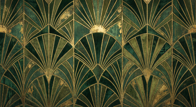 Elegant Art Deco wallpaper background in deep emerald green and distressed gold. This luxurious 1920s-inspired design is ideal for high-end branding, interior backdrops, and glamorous event invitation