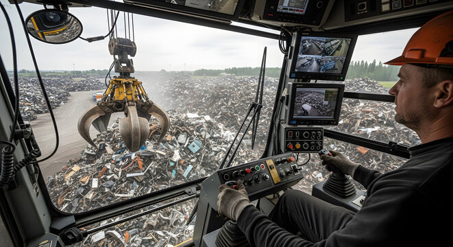 Crane operator in cabin at a scrapyard. Industrial worker controlling a metal claw over scrap metal piles. Recycling and waste management process