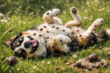 Fototapeta premium Dog lying in grass covered with ticks showing parasite infestation risk and outdoor pet danger