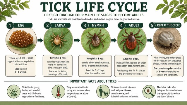 Tick life cycle infographic showing egg larva nymph adult stages and disease transmission risk