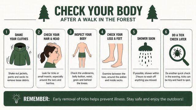 Tick prevention infographic with body check steps after forest walk health safety guide concept