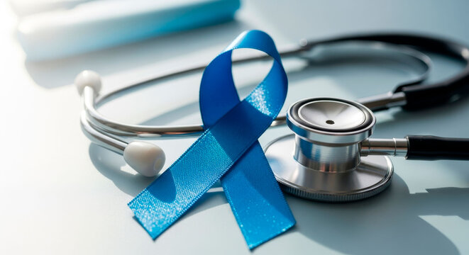 Blue ribbon beside stethoscope lying on a white background. Men health awareness month and prostate cancer prevention campaigns.