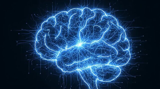 Abstract Digital Brain Neural Network Glowing Blue Energy.