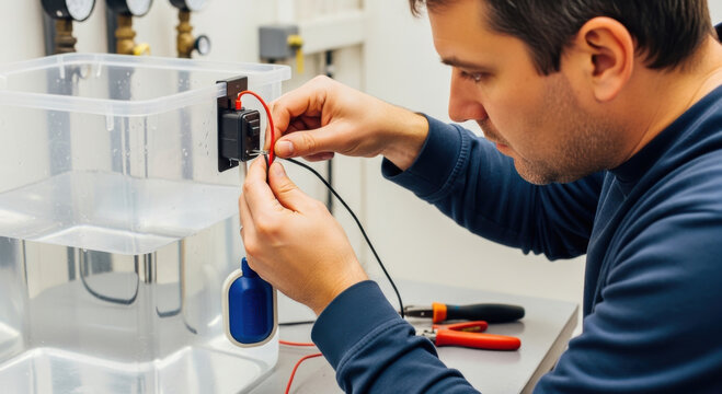 Technician Installing Liquid Level Sensor for Industrial Water Treatment System