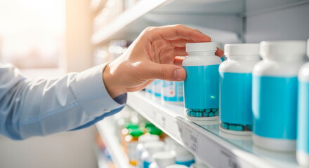 Obraz premium Man choosing vitamins at pharmacy looking at the medicine bottle label. Nutritional supplements and seasonal immune system support.
