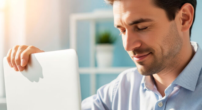 Man closing laptop feeling relieved at his home office desk. End of the workday and successful freelance project completion.
