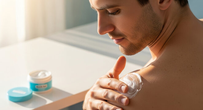 Man applying muscle rub cream on his shoulder after a sports injury. Pain relief ointments and physical therapy treatments.