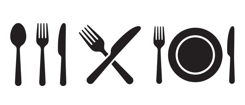 Black silhouette of dining utensils, including spoons, forks, knives, and plates on a plain white background