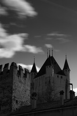 Fototapeta premium Black-and-white photo of the castle in the city of Thun, Switzerland