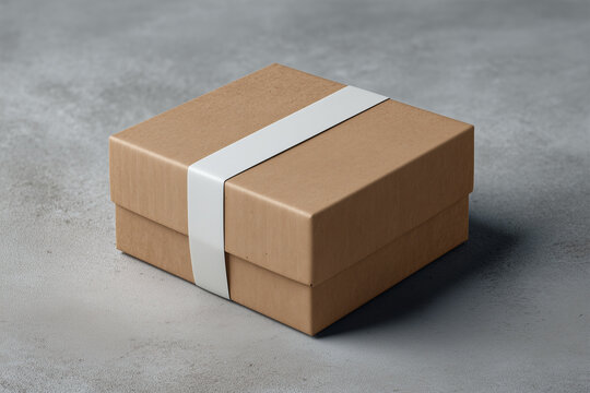 Brown kraft paper box with white sleeve on neutral gray surface, eco-friendly packaging mockup for branding and retail gift delivery display