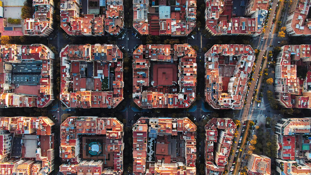 Aerial view of Barcelona eixample district aerial grid urban planning