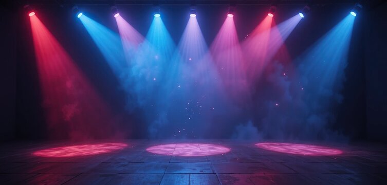 Empty stage with colorful spotlights and smoke on dark background, performance background, event visualization, stage lights, concert stage, spotlight.
