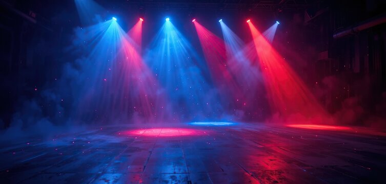 Empty stage with dramatic red and blue spotlights and smoke on dark background, concert background, theater stage, stage lights, spotlight, concert.