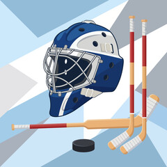 A detailed illustration of hockey equipment, including a helmet and sticks, capturing the excitement and passion for the game in a dynamic, sporty design. © Yu