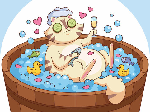 This adorable illustration captures a cat enjoying a bubble bath, complete with playful rubber ducks and a glass of drink, representing relaxation, indulgence, and fun moments in life.