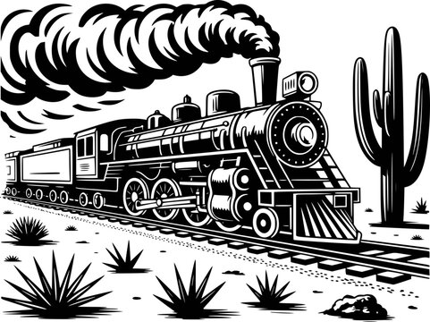 Vintage steam locomotive chugging through a desert landscape with saguaro cactus
