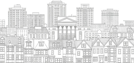 Obraz premium Detailed urban city skyline vector illustration featuring modern skyscrapers and classic residential houses for real estate architecture and metropolitan landscape design.