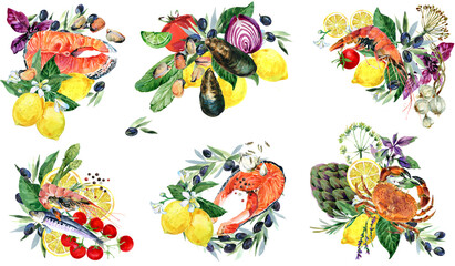 Obraz premium Watercolor Seafood and Lemon Composition: Salmon Steak, Lemon, Olives, and Herbs Isolated Illustration