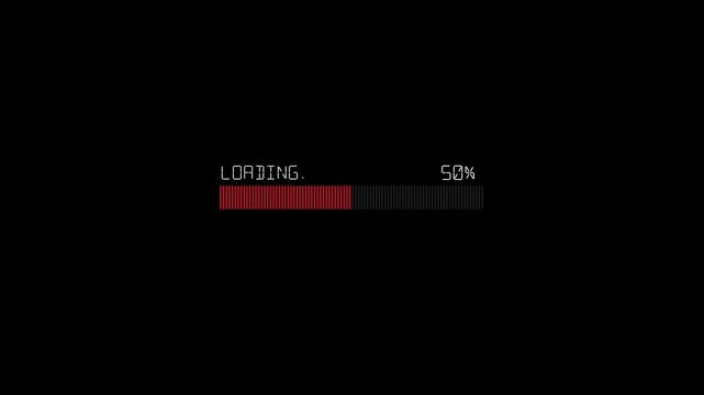 Detailed animation of a digital progress bar with percentage indicator showing percent loading status on a black screen.4k video