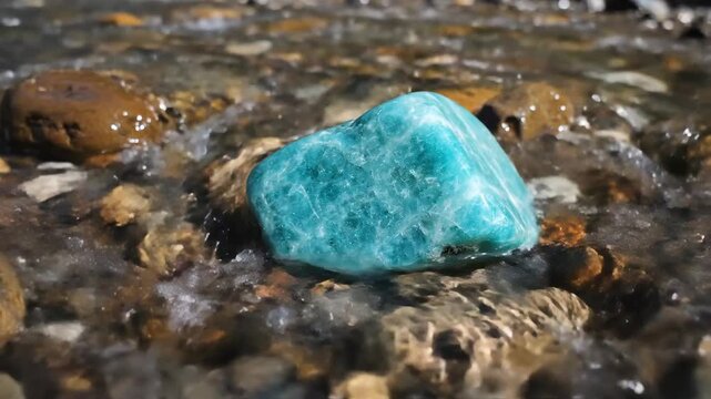 A blue Amazonite crystal stone in flowing water close up