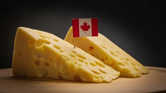 Rotating wedge of aged cheese with cheddar from Canadian farms, firm rind from local pastures, signature holes on serving board and Canada flag