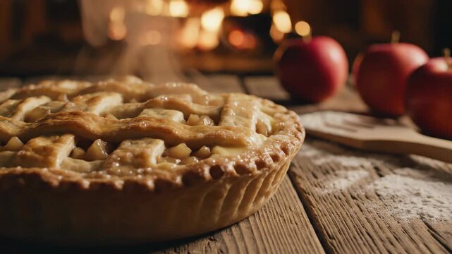 Delicious homemade apple pie with lattice crust on rustic wooden table near fireplace.