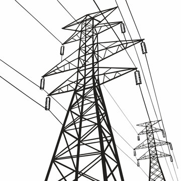 A stark black and white illustration features multiple high voltage electricity pylons stretching towards a plain white background conveying power and infrastructure