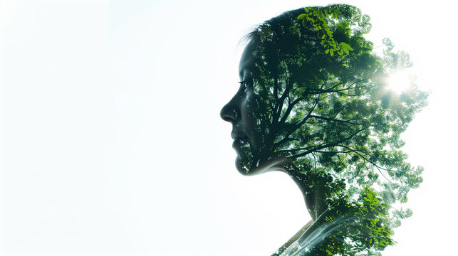 Conceptual double exposure silhouette of woman profile with lush green forest trees and sun on white background