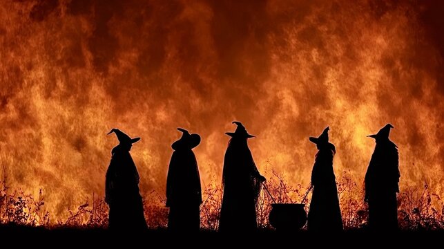 Witches coven performing a ritual with bubbling cauldron against fire