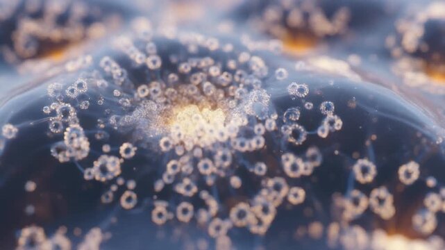 細胞の結合や生命の誕生を思わせる神秘的な輝きを放つミクロの世界