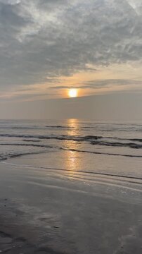 View of the North sea and beach in Zaandvoort, the Netherlands. Sunset reflection in the water, sand, waves and flying bird. Static video.