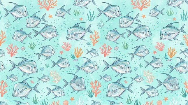 Lookdown Fish Pattern in Vivid Silver on Dark Ocean Blue