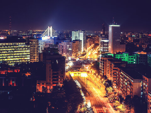 Bucharest city skyline with basarab bridge at night