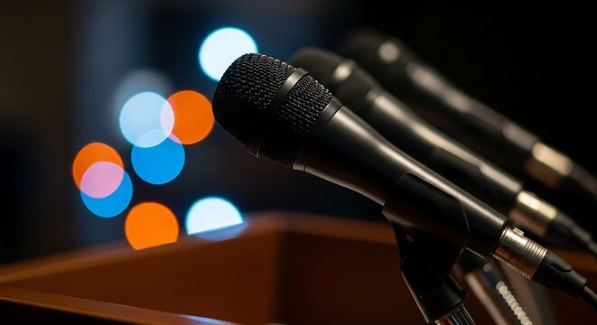 Close-up of four black microphones on a wooden podium, with blurred colorful bokeh background